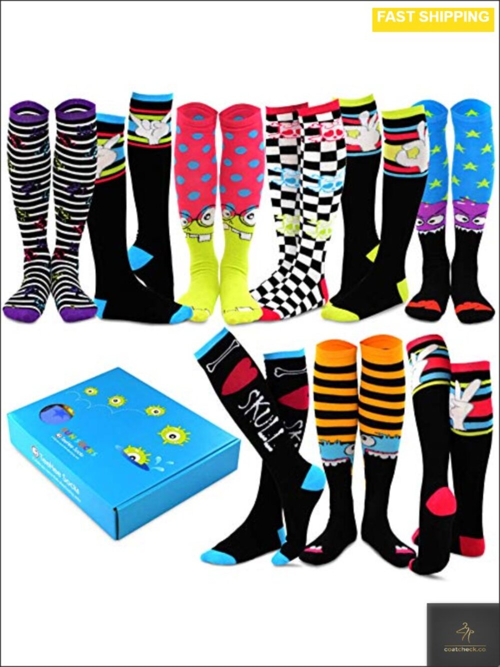 Novelty Knee High Crew Socks 9 Pair Gift Box Cotton Blend Women Size 9-11